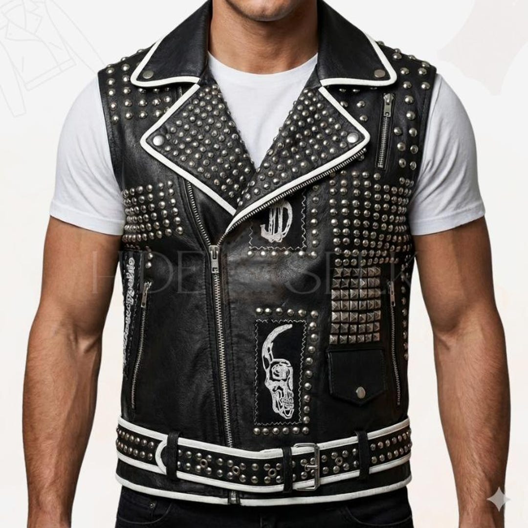 Studded Punk Rock Gothic Leather Vest - Handmade Cowhide Biker ...