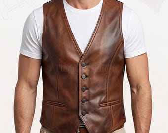 Handmade Brown Leather Vest - Vintage Western Style Sleeveless Waistcoat