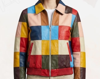 Handmade Multicolor Patchwork Leather Bomber Jacket | Women’s Retro Checkered Rainbow Moto Coat | Vintage Shirt Collar Outfit