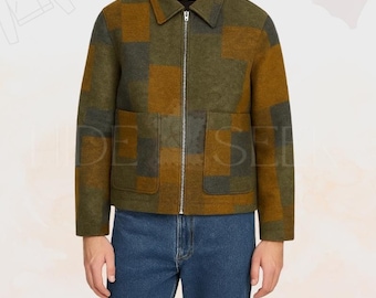 Handmade Patchwork Wool Blend Jacket | Vintage Colorblock Workwear Coat | Multi-Color Plaid Style Woolen Outerwear