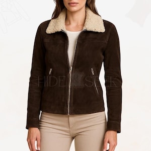 womens-dark-brown-suede-trucker-jacket-with-fur-collar-front