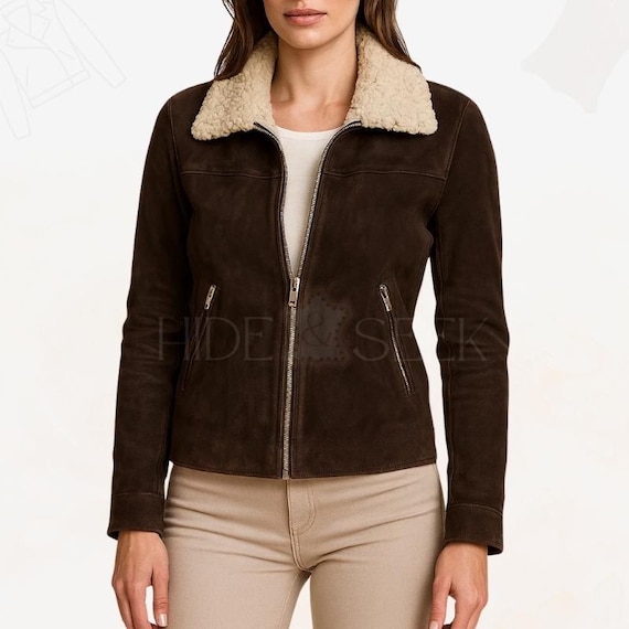 Handmade Women’s Brown Suede Trucker Jacket | Shearling Collar Sheriff Style Coat | Vintage Rugged Survivalist Leather Western Outerwear