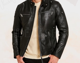 Men's Vintage Lambskin Leather Motorcycle Jacket - Handmade Cafe Racer Coat