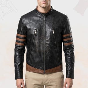 Men's Wolverine Lambskin Moto Jacket – Handmade Biker Style Leather Coat With Stripes