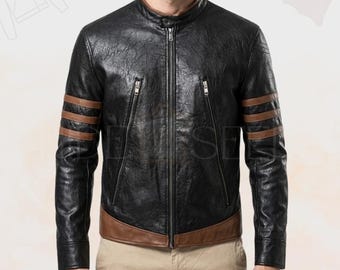 Men's Wolverine Lambskin Moto Jacket – Handmade Biker Style Leather Coat With Stripes