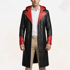 May include: A long black leather coat with a red hood and red accents on the sleeves. The coat is buttoned up and worn over a white collared shirt and tan pants. The coat appears to be a stylish outerwear garment.