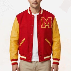 May include: A red and yellow varsity jacket with a large yellow "M" patch. The jacket has yellow leather sleeves, red wool body, and white and red striped trim on the collar, cuffs, and hem. It features a button-up front.