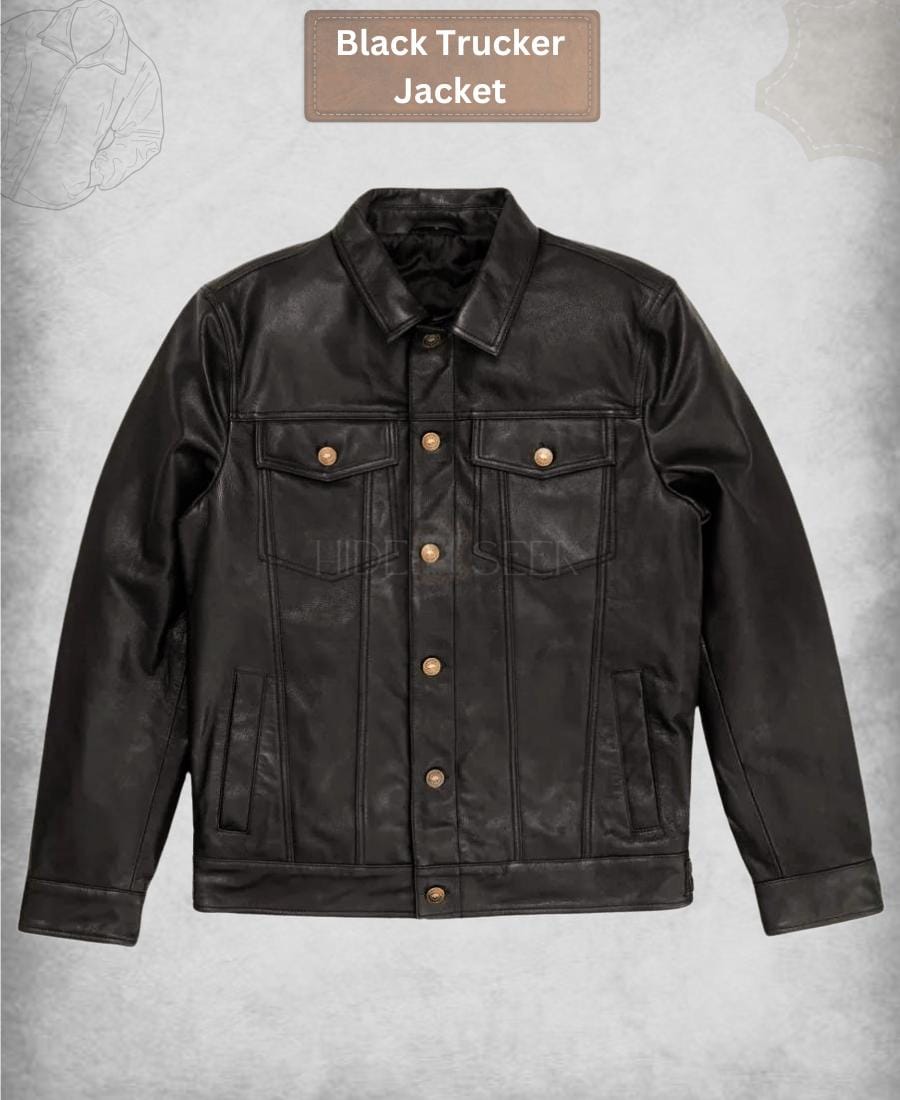 Mens Black Trucker Jacket | Mens Genuine Lambskin Leather Jacket