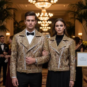 Golden Spiked Python Texture Biker Leather Jacket | Luxury Snake Skin Print Moto Coat | Handmade Punk Rock Studded Statement Outerwear