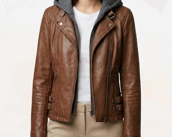 レディース グレースブラウンレザー アシンメトリー バイカー フード付きジャケット | ハンドメイド RE9 サバイバル イービルスタイル モトコート