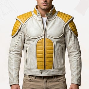 Puede incluir: Chaqueta de cuero color crema con detalles amarillos en hombros y pecho. La chaqueta tiene cremallera, cuello alto y dos bolsillos laterales. El diseño presenta detalles acolchados en hombros y pecho.