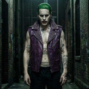 May include: A purple leather vest with silver studs on the collar and shoulders. The vest is worn over a bare chest with tattoos. The person has green hair and is standing in a dark alley.