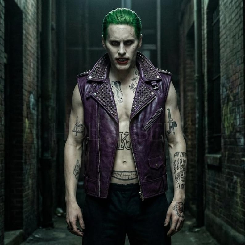 May include: A purple leather vest with silver studs on the collar and shoulders. The vest is worn over a bare chest with tattoos. The person has green hair and is standing in a dark alley.