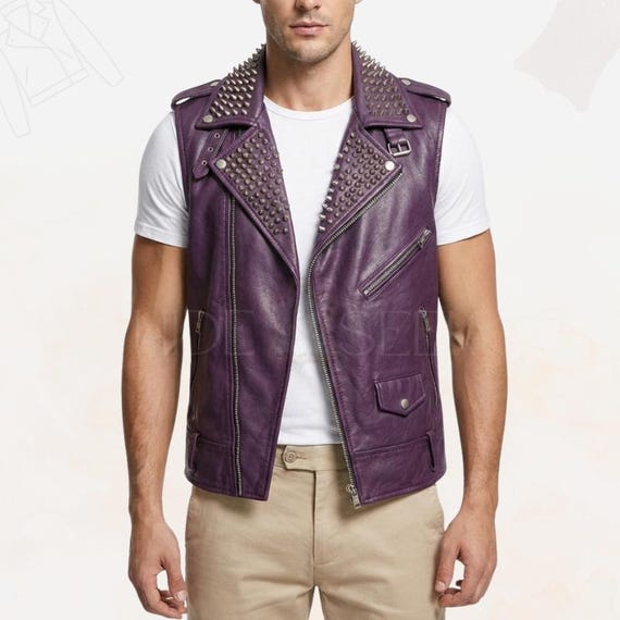 Handmade Purple Studded Leather Vest - Biker Spike Collar Waistcoat - Men's Punk Rock & Gothic Streetwear - Alternative Fashion Vest
