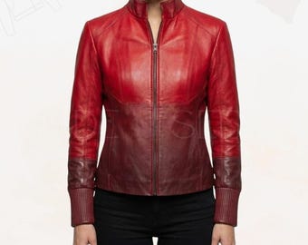Handmade Women’s Crimson Red Leather Biker Jacket | Edgy Waxed Lambskin Moto Coat | Gothic Style Leather Jacket with Extended Cuffs