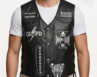 Gilet da motociclista in pelle Black Society Outlaw fatto a mano / Gilet da uomo Brotherhood Skull Rocker con etichetta Brotherhood / Gilet da motociclista di lusso BLS Club