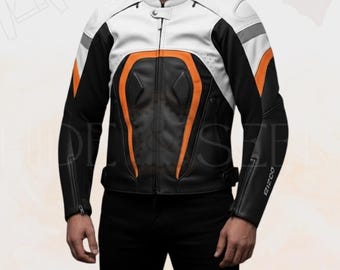Schwarz-weiße gepanzerte Motorrad-Retro-Reflektor-Rindlederjacke für Herren - handgefertigter Bikermantel