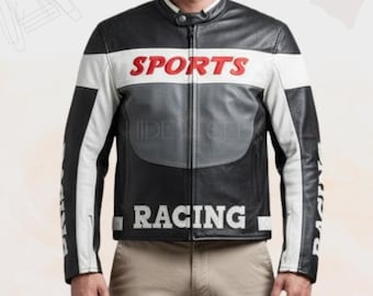 Pro-Racing Leather Jacket with Removable Armour | Handcrafted Cowhide Black White Red Sports Biker 90s Retro Style Moto Racer Outerwear