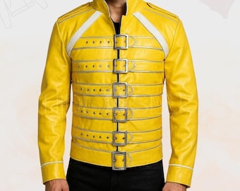 Iconic Yellow Faux Leather Rock Star Belted Jacket | Handmade 80s Music Legend Concert Stage Performance Outfit