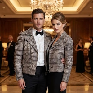 Może przedstawiać: Para w formalnym otoczeniu, oboje w pasujących srebrnych skórzanych kurtkach z ćwiekami. Kurtki mają wzór z fakturą i są połączone z czarnymi strojami. W tle wisi żyrandol.