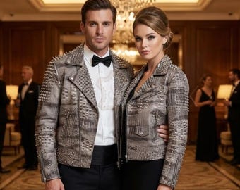 Chaqueta unisex de piel de serpiente y pitón Brando con tachuelas / Chaqueta de motociclista con púas hecha a mano, estilo punk rock