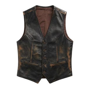 May include: A sleeveless vest crafted from distressed black leather with brown undertones. The garment features a V-neckline, a five-button front closure, and two horizontal welt pockets at the waist. The interior is lined with brown fabric.