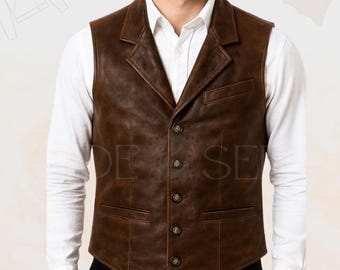 Men's Vintage Style Sheepskin Leather Vest - Brown Cowboy Blazer