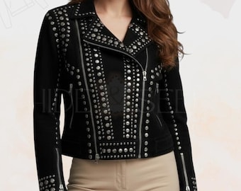 Handmade Women’s Black Punk Rock Star Studded Biker Leather Jacket – Gothic Motorcycle Spiked Jacket