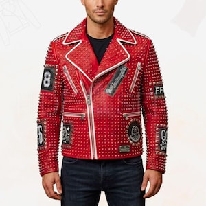 May include: Red leather jacket with silver studs, white trim, and multiple patches. The jacket has a zipper closure and a classic biker style. Patches include the numbers "8" and "6", and the letters "FF" and "G".