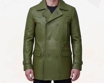 Handgemaakte double-breasted leren erwtenjas | Halflange autojas in militaire stijl | Klassieke winterjas tot heuplengte van lamsleer