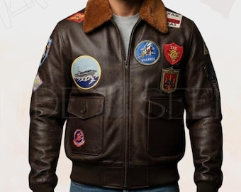 Blouson en cuir aviateur bleu marine Flight Bomber Aviator G1 | Blouson aviateur fabriqué à la main avec col en fourrure amovible | Style militaire avec écussons brodés