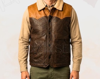 Handmade Men’s Two-Tone Western Rancher Leather Vest | Rugged Tan & Brown Frontier Style Lambskin Sherpa Fur Collar Classic Cowboy Waistcoat