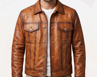 Handmade Vintage Leather Trucker Cowboy Jacket | Rugged Moto Classic Western Button-Up Lambskin Coat