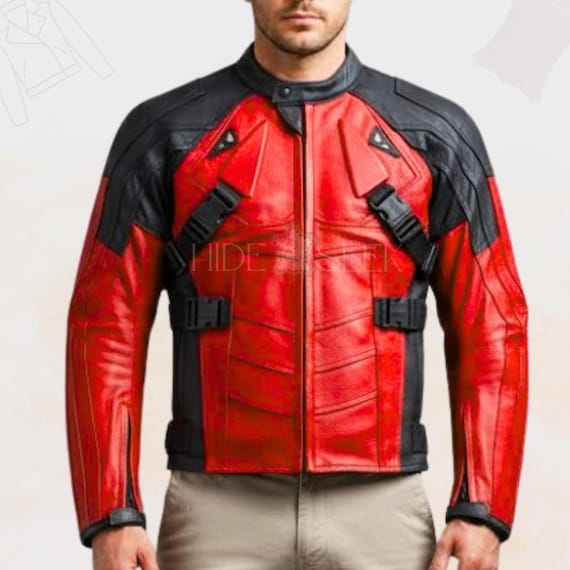 Red & Black Leather Biker Jacket with Removable Armors | Padded Professional Motorcycle Racing Coat | Handmade Cowhide Anti-Hero Jacket