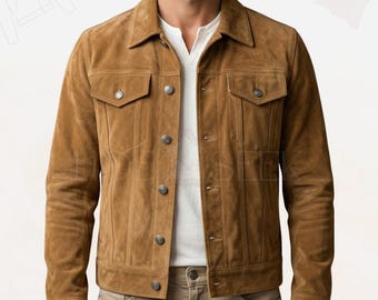 Chaqueta vaquera de ante vintage hecha a mano / Abrigo clásico de estilo western suave para hombre con botones / Chaqueta de moto de lujo estilo vaquero