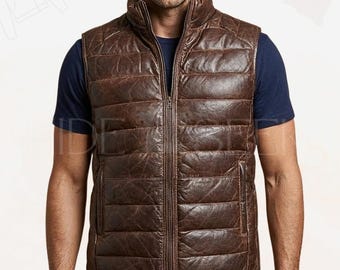 Men's Handmade Real Leather Puffer Vest - Genuine Quilted Lambskin Sleeveless Jacket - Western Style Winter Gilet for Outdoor & Casual Wear