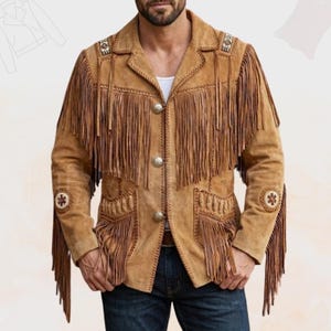 Chaqueta de gamuza con flecos hecha a mano para hombre / Abrigo vaquero vintage de cuero con cuentas / Prenda de abrigo estilo retro de los años 70 para festivales de forajidos