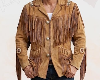 Handmade Western Suede Fringed Jacket for Men | Vintage Cowboy Beaded Leather Coat | 70s Retro Style Outlaw Festival Outerwear