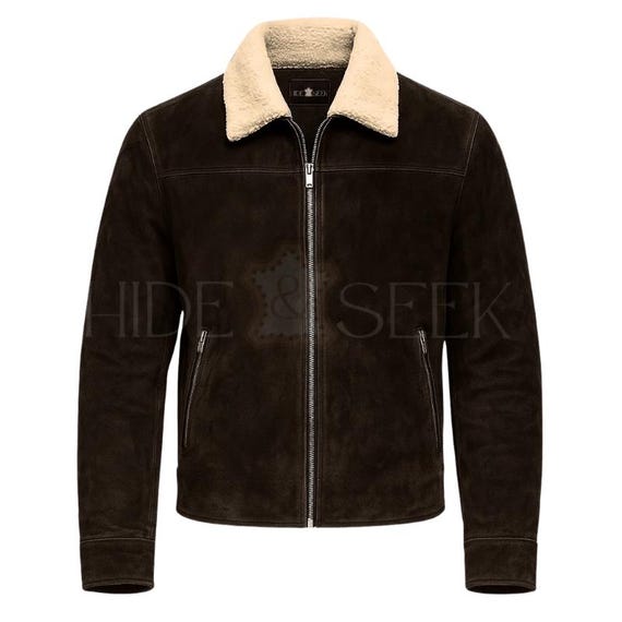 Handmade Men’s Dark Brown Suede Leather Jacket | Shearling Collar Sheriff Style Trucker Coat | Vintage Western Rugged Winter Suede Outerwear
