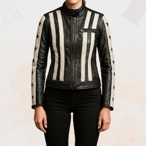 Vintage Striped Leather Biker Jacket – Star Sleeve Moto Coat