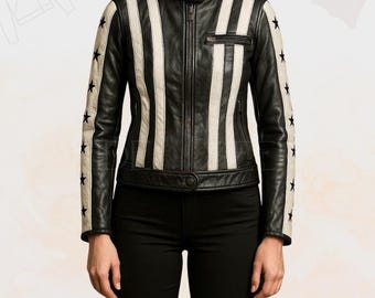Vintage Striped Leather Biker Jacket – Star Sleeve Moto Coat