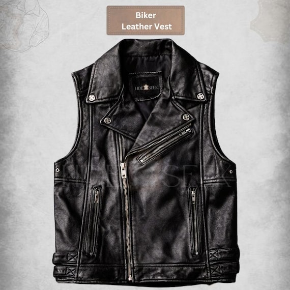 Black Leather Biker Vest Men – Handmade Retro Asymmetrical