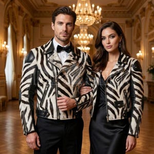 May include: A man and woman in matching zebra-print leather jackets with black detailing. The jackets feature a classic biker design with zips and black leather shoulder patches. The woman wears a black dress, and the man wears a bow tie.