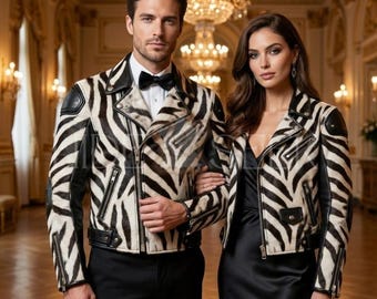 May include: A couple wearing matching zebra-print leather jackets with black accents. The jackets have a classic biker style with zippers and black leather patches on the shoulders. The woman wears a black dress, and the man wears a bow tie.