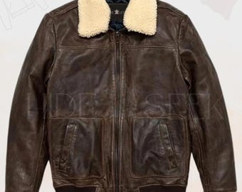 Chaqueta bomber de aviador vintage para hombre, de piel de cordero, con cuello de piel.