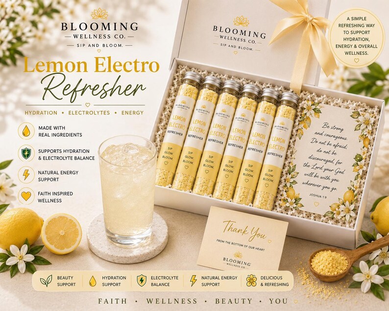 May include: A white gift box containing six glass tubes of yellow Lemon Electro Refresher powder, a glass of yellow liquid, a thank you card, and a card with Joshua 1:9 text. The box features a yellow ribbon and branding for Blooming Wellness Co.