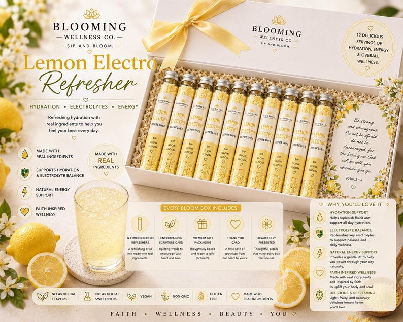 May include: A white gift box containing twelve glass vials of Lemon Electro Refresher drink mix, topped with a yellow ribbon. The box includes a scripture card, and the packaging features text detailing hydration, electrolyte, and energy benefits.