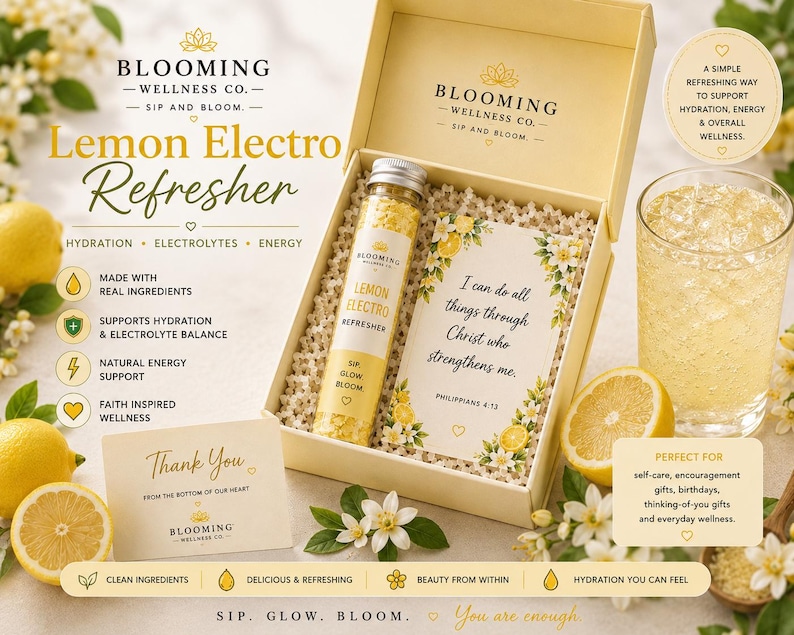 May include: A gift box containing a glass tube of Lemon Electro Refresher powder and a card with the text I can do all things through Christ who strengthens me. The set includes a Thank You note, lemons, and a glass of yellow liquid.