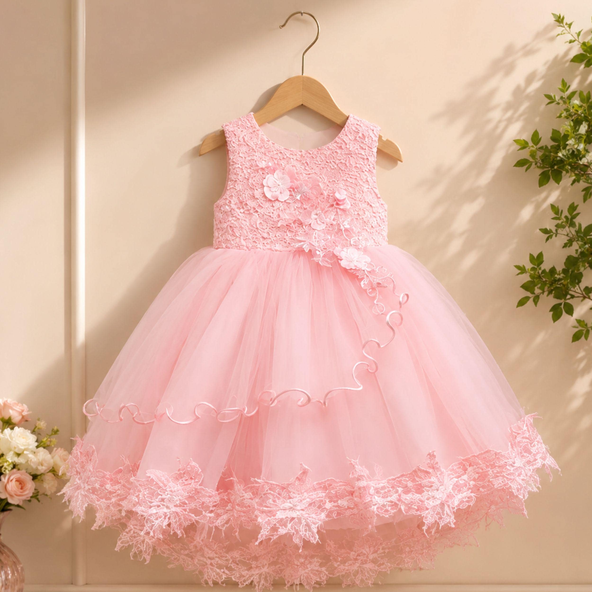Pink Flower Girl Dress for Toddler Girls, Lace Tulle Princess Dress