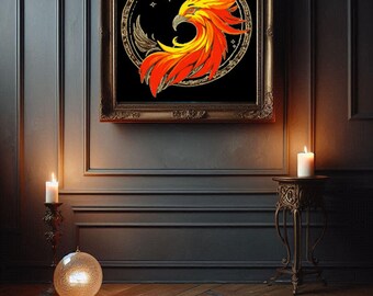Fénix Celestial, Lámina Artística, Póster de Pájaro de Fuego Místico, Decoración Renacimiento, Rojo Naranja Vibrante